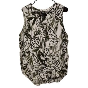 Tahari Linen Tropical Botanical Green White Button Up Tank Top, L